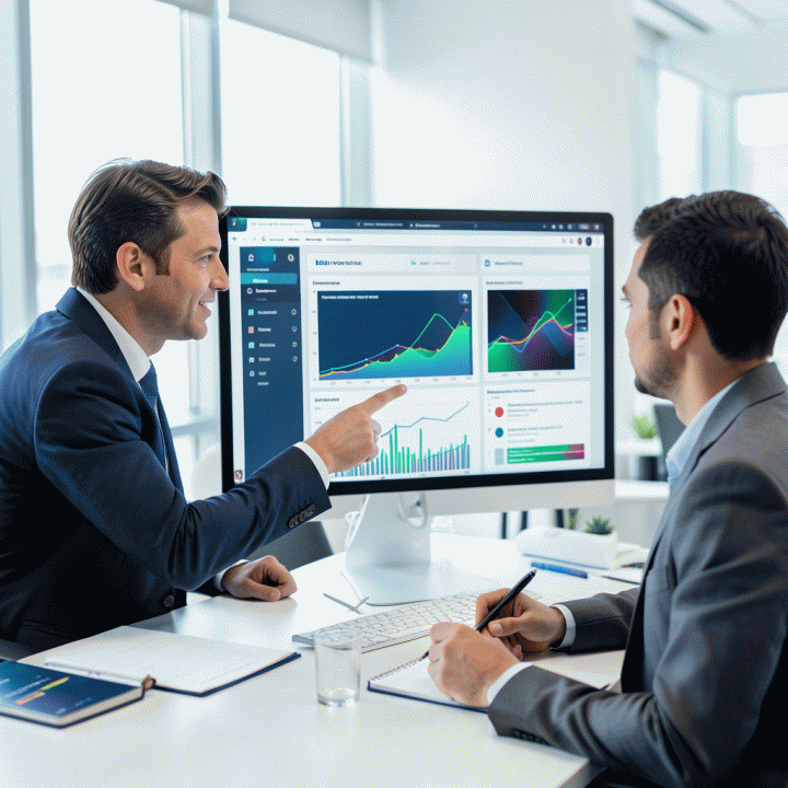 Profesional sedang berdiskusi menganalisis data pasar kompetitor pada layar monitor besar di kantor modern, menunjukkan strategi pemasaran digital yang terstruktur.