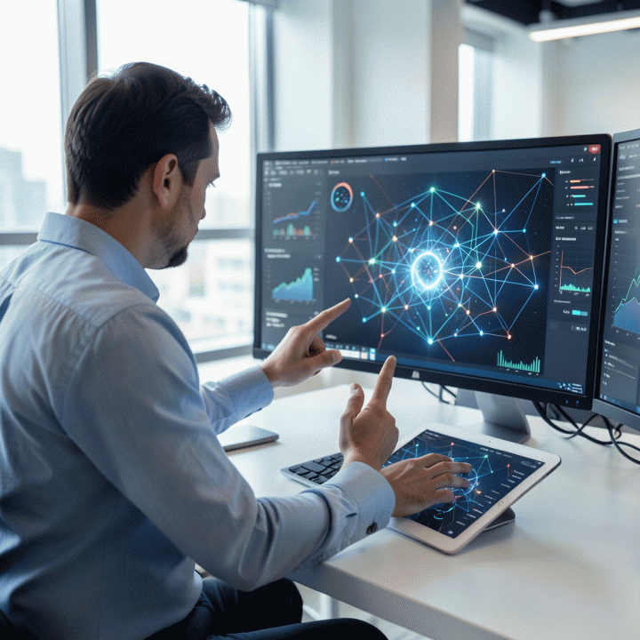 Seorang manajer pemasaran digital profesional di kantor modern, fokus menganalisis data visualisasi yang kompleks di layar komputer, menunjukkan transformasi data mentah menjadi strategi yang jelas dan dapat ditindaklanjuti.