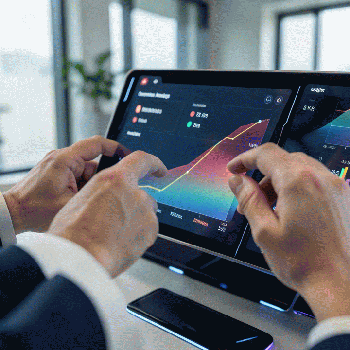 Tangan profesional sedang berinteraksi dengan dashboard digital yang menampilkan visualisasi data pasar yang bersih dan terstruktur, menyoroti identifikasi celah atau insight kompetitif.