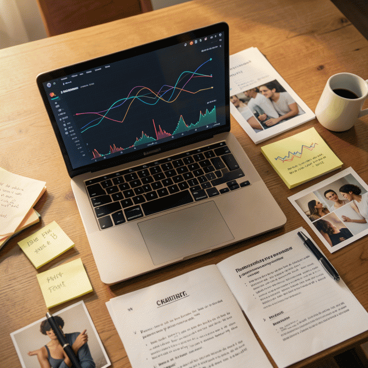 Meja kerja seorang pemasar yang menggabungkan data analitik (laptop) dengan elemen kreatif (catatan, mood board), menggambarkan proses menerjemahkan data menjadi naskah iklan (copywriting) yang efektif.