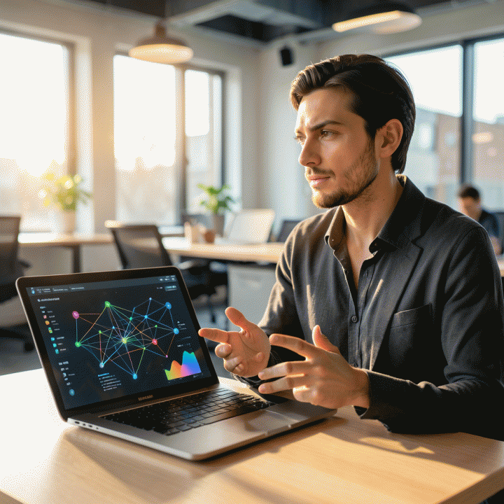 Seorang manajer pemasaran profesional yang menganalisis data kompleks di layar laptop, menunjukkan proses menemukan insight dan strategi bisnis.