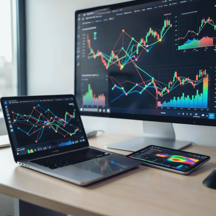Tumpukan layar dan gadget yang menampilkan visualisasi data abstrak dan kompleks, melambangkan analisis pasar dan kompetitor.