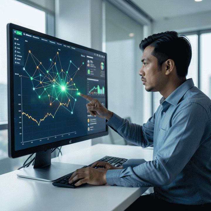 Seorang manajer pemasaran profesional menganalisis data pasar yang kompleks dan visualisasi celah kompetitor di layar monitor besar di kantor modern.