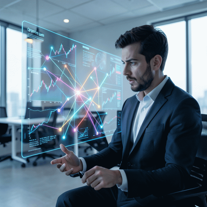 Seorang ahli strategi digital menganalisis data pasar yang kompleks melalui antarmuka holografik yang bercahaya, mengidentifikasi celah kompetitor yang menjanjikan.