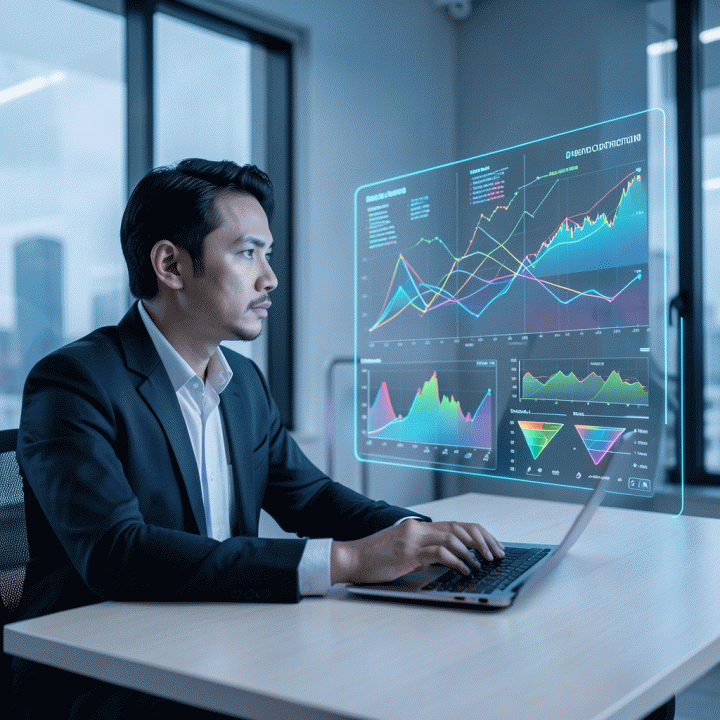 Seorang profesional pemasaran digital sedang menganalisis data kompleks dan celah pasar yang terlihat pada proyeksi holografik canggih di atas meja kerjanya.