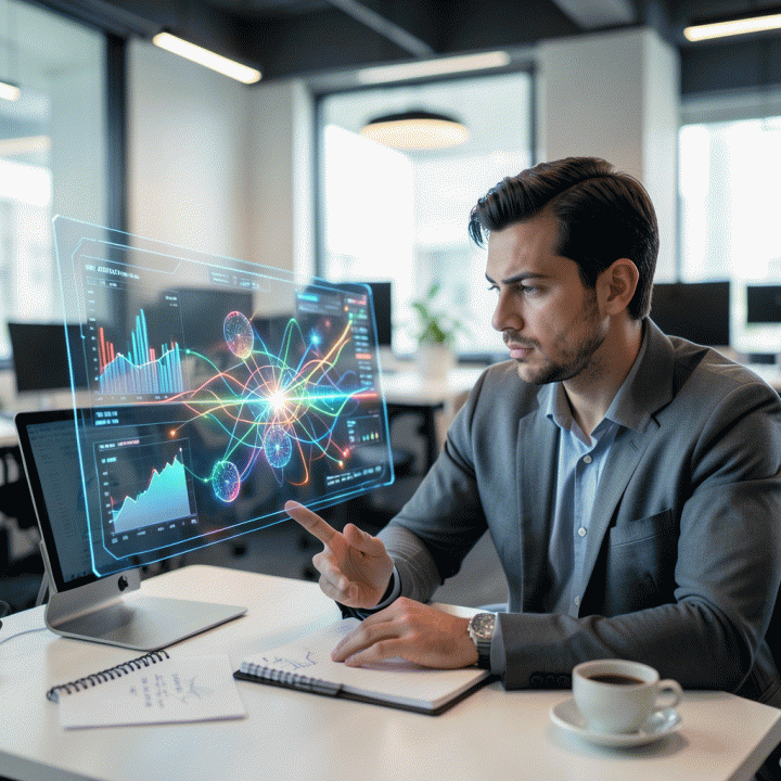 Digital marketing manager menganalisis data pasar kompleks pada layar holografik untuk menemukan celah kompetitor dan strategi pemasaran yang optimal.