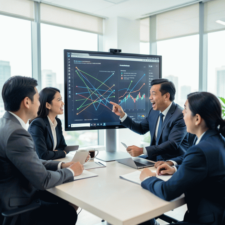 Tim profesional digital marketing Indonesia menganalisis data kompleks di layar besar, menemukan celah kompetitor dan strategi pemasaran yang jelas.