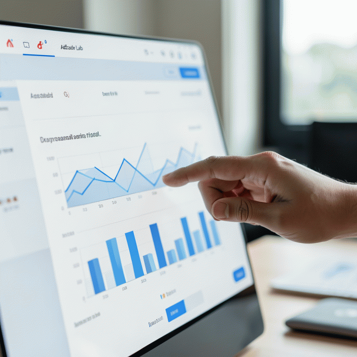 Tangan seorang profesional berinteraksi dengan antarmuka aplikasi data untuk mengidentifikasi insight pasar.