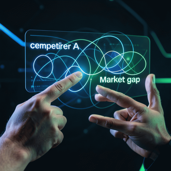 Interaksi tangan dengan visualisasi data holografik untuk mengidentifikasi celah pasar (market gap).