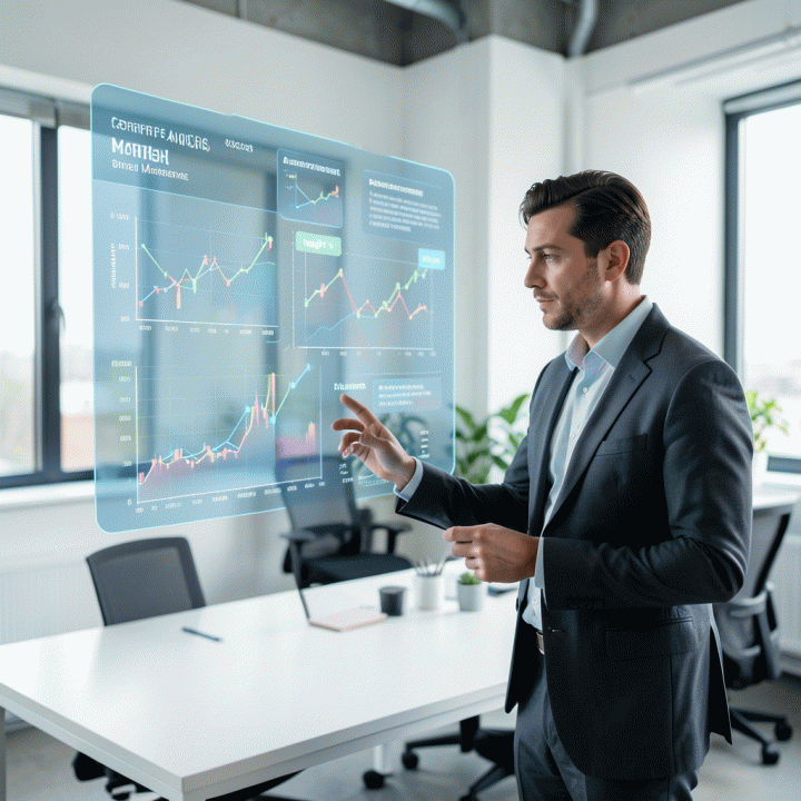 Seorang profesional digital marketer menganalisis visualisasi data holografik yang kompleks, menunjukkan kemampuan mengubah data pasar menjadi strategi bisnis yang jelas.