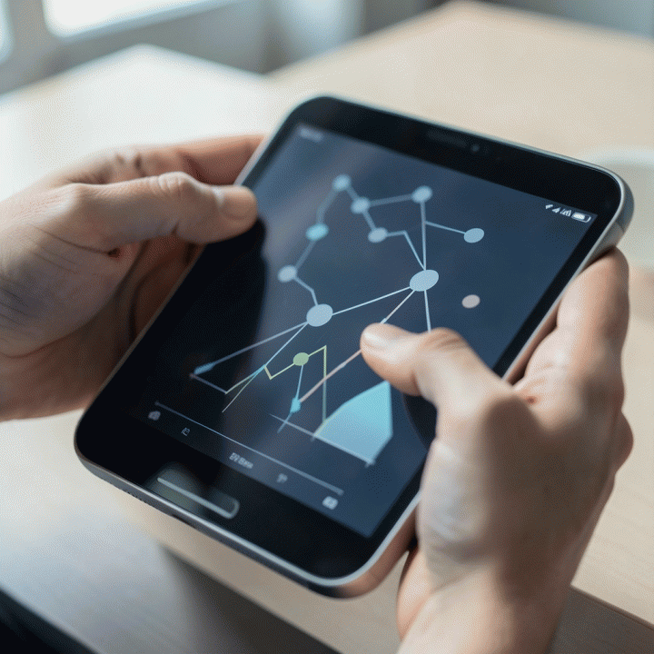 Tangan yang berinteraksi dengan antarmuka digital yang abstrak, menunjukkan proses analisis data dan penemuan insight pasar.