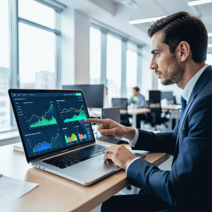 Digital marketing manager menganalisis data pasar kompleks di laptop, menemukan celah kompetitor dan strategi iklan yang terukur.