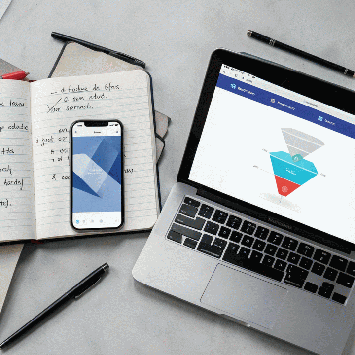 Komposisi alat kerja pemasaran: smartphone dengan struktur iklan, notebook, dan laptop menampilkan strategi funnel, mewakili copywriting berbasis data.