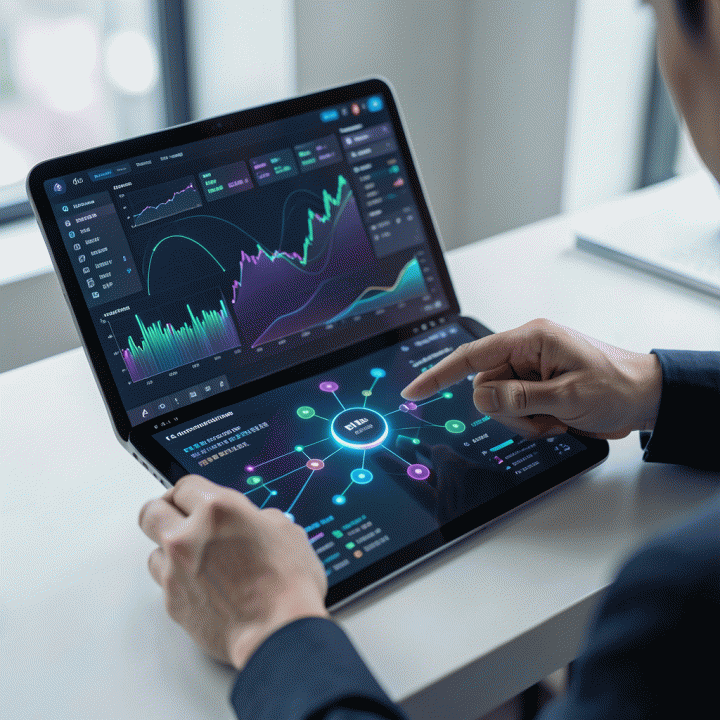 Tangan profesional berinteraksi dengan dashboard data visualisasi canggih, menunjukkan identifikasi celah pasar dan strategi pemasaran yang terukur.