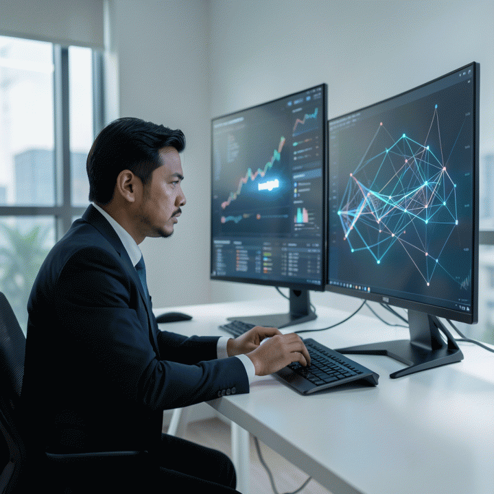 Seorang profesional pemasaran digital berfokus pada layar multi-monitor yang menampilkan visualisasi data kompleks, menunjukkan proses identifikasi celah pasar dan strategi iklan.