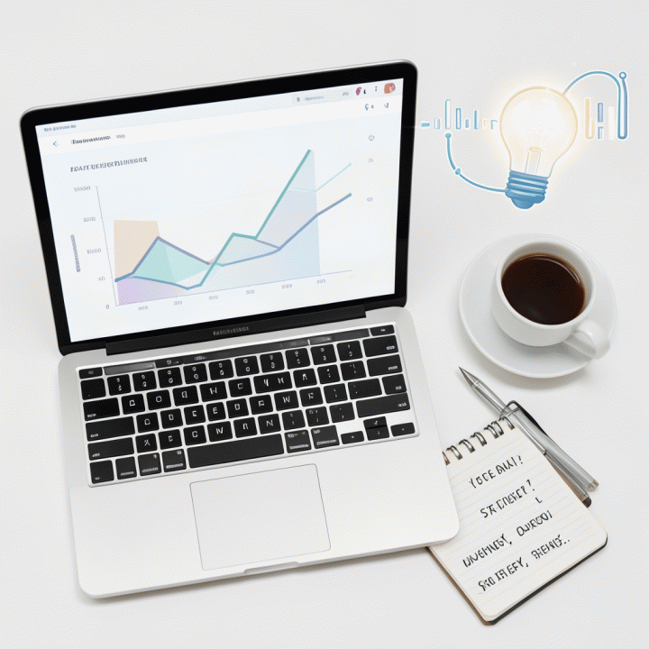 Meja kerja yang rapi dengan laptop menampilkan data abstrak dan elemen copywriting, menunjukkan strategi pemasaran berbasis data.
