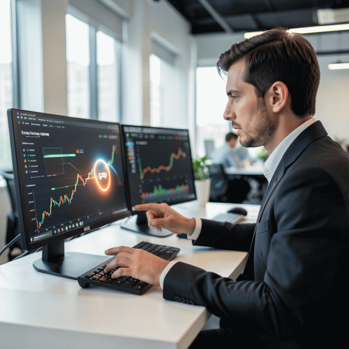 Digital marketing manager menganalisis data kompleks di layar monitor besar, mengidentifikasi celah kompetitor yang menjanjikan dalam visualisasi data.