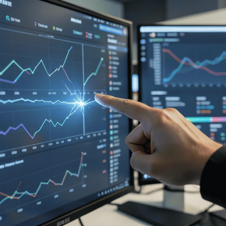 Tangan profesional menunjuk pada celah peluang yang teridentifikasi pada dashboard analisis data kompleks.
