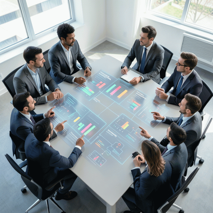 Tim profesional berdiskusi di sekitar data visualisasi kinerja iklan dan hasil A/B testing, menunjukkan strategi berbasis data.