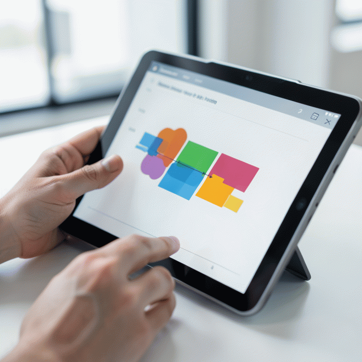 Tangan seorang profesional menggunakan tablet untuk memvisualisasikan celah peluang kompetitor dalam data pasar yang kompleks.