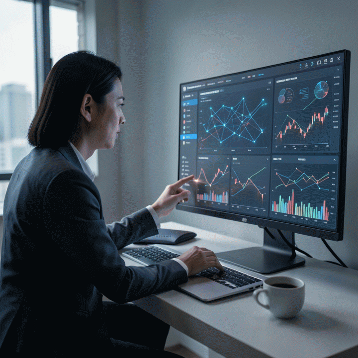 Seorang profesional di ruang kerja modern sedang menganalisis data kompleks dan visualisasi jaringan di layar besar, melambangkan identifikasi celah pasar dan strategi pemasaran berbasis data.