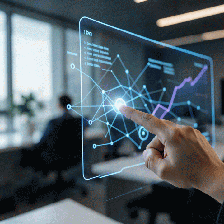 Tangan menunjuk ke wawasan kunci pada dasbor data digital yang abstrak, menunjukkan momen penemuan insight pasar.