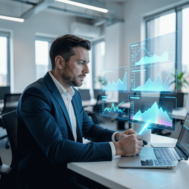 Seorang digital marketing strategist profesional yang fokus menganalisis data besar dan menemukan insight kompetitor menggunakan visualisasi data canggih di meja kerjanya.