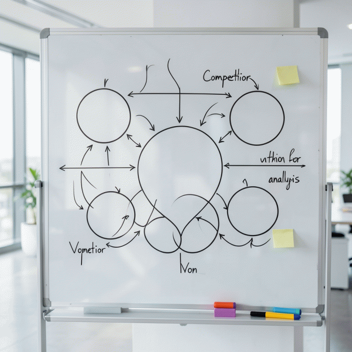 Diagram visualisasi di papan tulis yang menunjukkan celah kompetitor (market gap) yang ditemukan melalui analisis data.