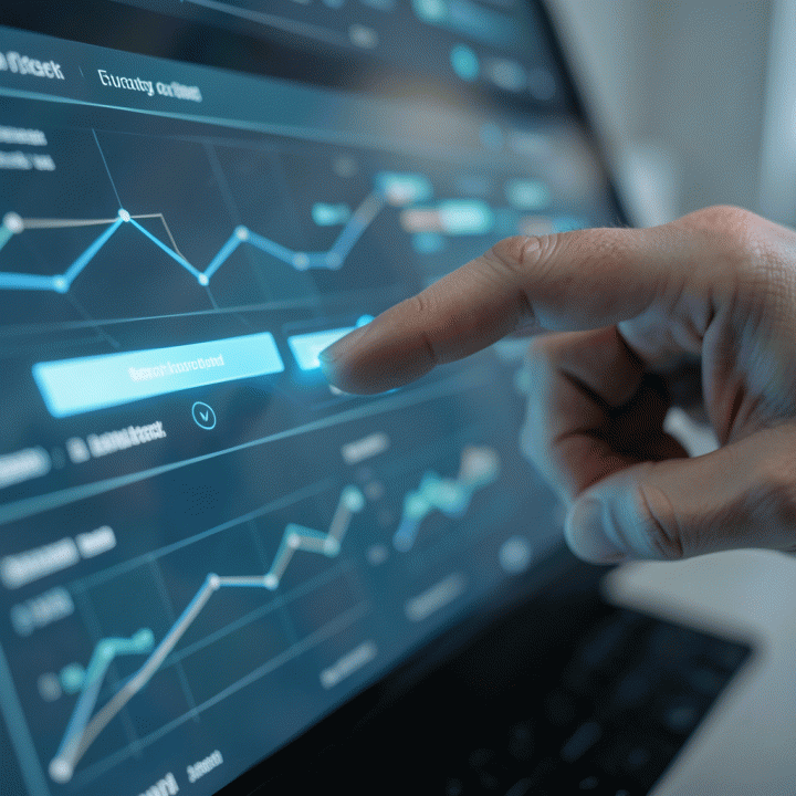 Tangan profesional berinteraksi dengan dashboard data abstrak, menunjukkan proses penyaringan data kompleks menjadi insight yang mudah dipahami.