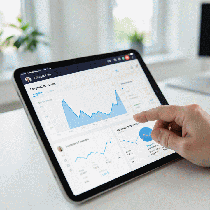 Tampilan aplikasi analisis data di tablet, menunjukkan perbandingan kompetitor dan insight pasar yang mudah dipahami.