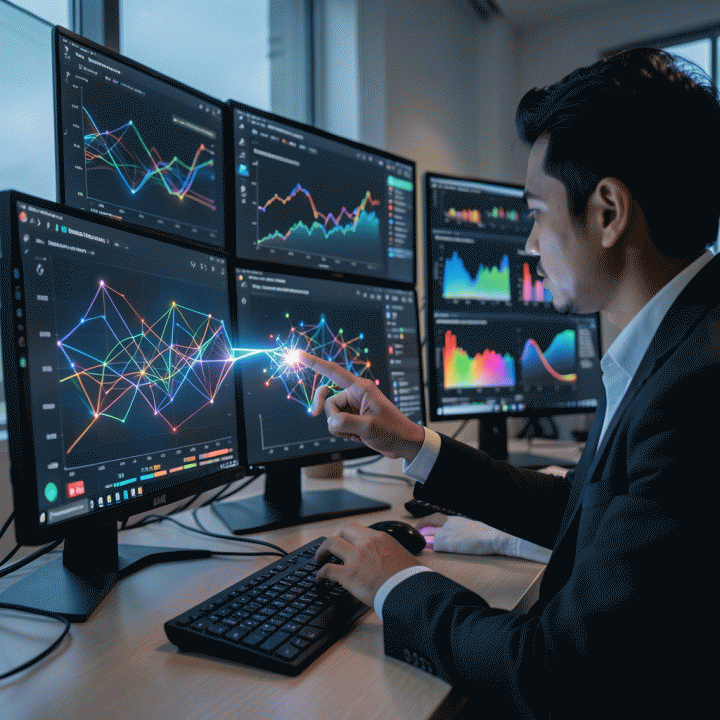 Seorang manajer pemasaran profesional sedang menganalisis data pasar yang kompleks dan visualisasi kompetitor pada monitor komputer canggih, menunjukkan penemuan insight strategis.