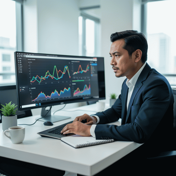 Seorang manajer pemasaran digital profesional menganalisis data pasar yang kompleks pada monitor komputer, menunjukkan proses identifikasi celah kompetitor dan strategi iklan yang terukur.