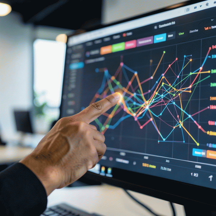 Tangan menunjuk ke grafik data abstrak di monitor yang menunjukkan celah kompetitor atau insight pasar yang ditemukan.