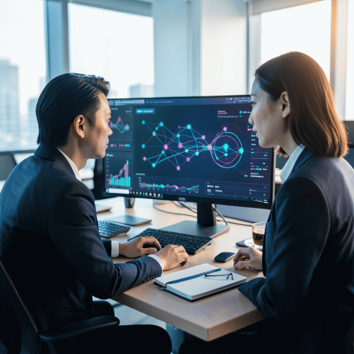 Seorang profesional di meja kerja modern, berinteraksi dengan visualisasi data yang kompleks dan abstrak di layar monitor, menunjukkan proses mengubah data mentah menjadi strategi bisnis yang jernih.