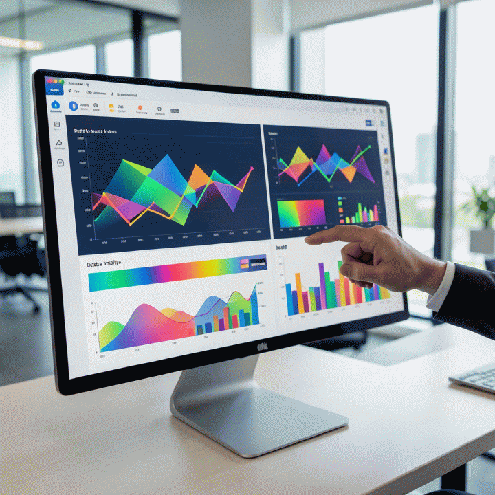 Tangan seorang profesional yang menunjuk ke dashboard data yang abstrak dan kompleks di monitor, menunjukkan penemuan insight penting dari data pasar.