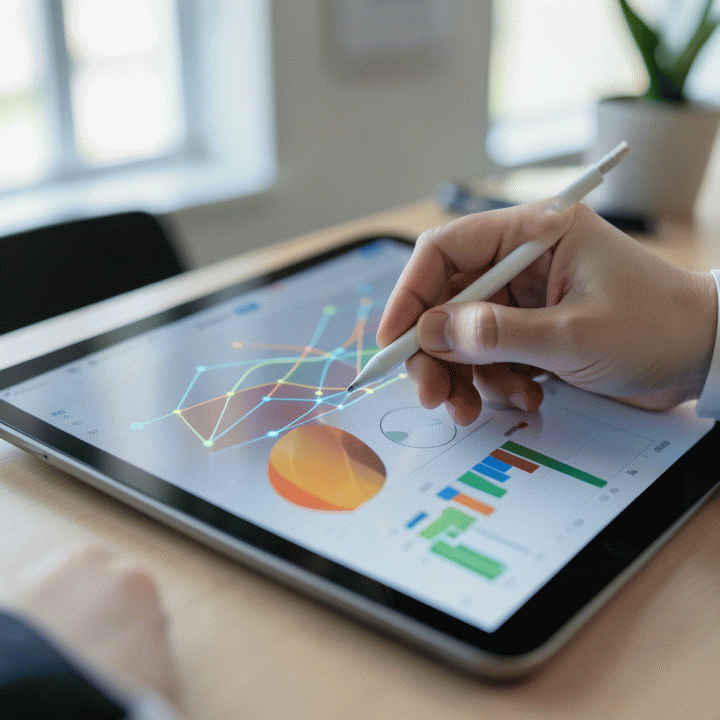 Tangan menggunakan stylus pada tablet yang menampilkan visualisasi data tren pasar yang dinamis, melambangkan analisis kompetitif yang cepat dan efisien.