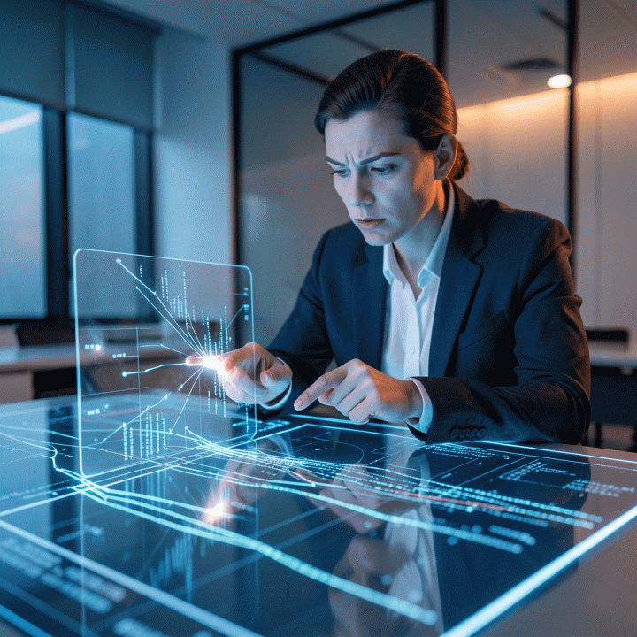 Seorang digital marketer profesional sedang menganalisis data pasar yang kompleks menggunakan visualisasi holografik di meja kerja futuristik, menunjukkan penemuan strategi bisnis yang cerdas.