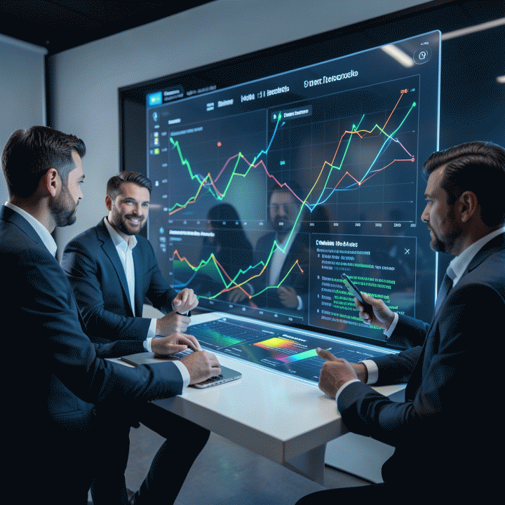 Tim digital marketing yang berkolaborasi menganalisis data pasar yang kompleks pada layar digital interaktif, menunjukkan pola celah kompetitor dan strategi iklan yang optimal.