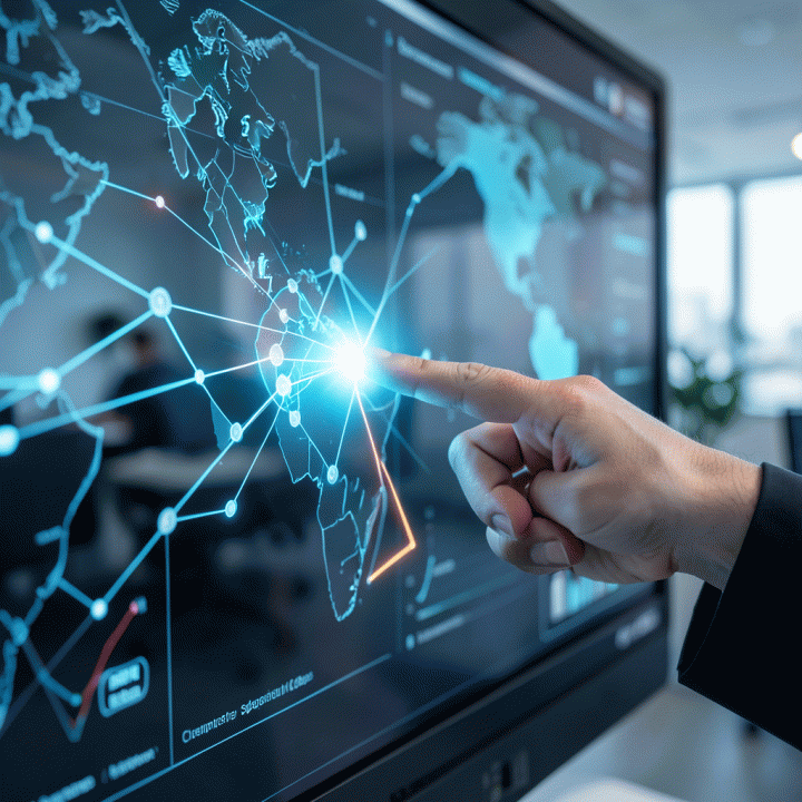 Tangan yang menunjuk ke celah atau insight spesifik pada dashboard data kompetitor, menandakan penemuan strategi pasar.