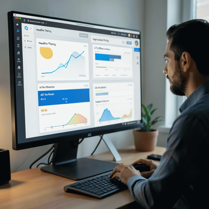 Visualisasi dashboard data pemasaran yang menunjukkan hasil A/B testing copy iklan untuk optimasi ROI.