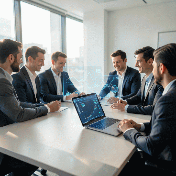 Tim profesional sedang menganalisis data pasar dan menemukan celah kompetitor menggunakan visualisasi data holografik di meja kerja modern.