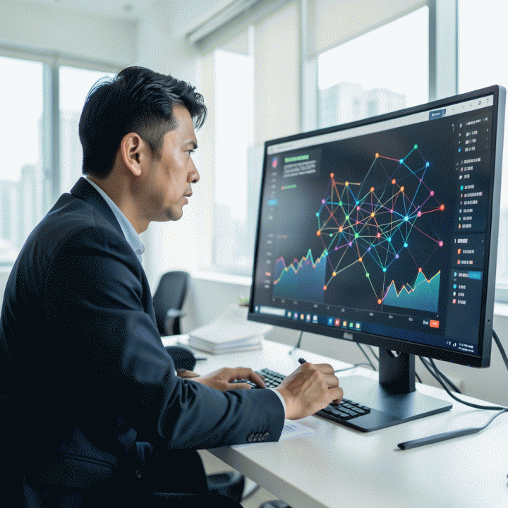 Seorang manajer pemasaran digital profesional di kantor modern, menganalisis visualisasi data kompleks di layar besar, menunjukkan momen penemuan strategi yang jelas dari data pasar yang rumit.