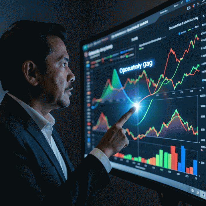 Seorang manajer pemasaran yang sedang mengidentifikasi celah kompetitor (market gap) pada dashboard data yang kompleks, menunjukkan momen penemuan insight penting.