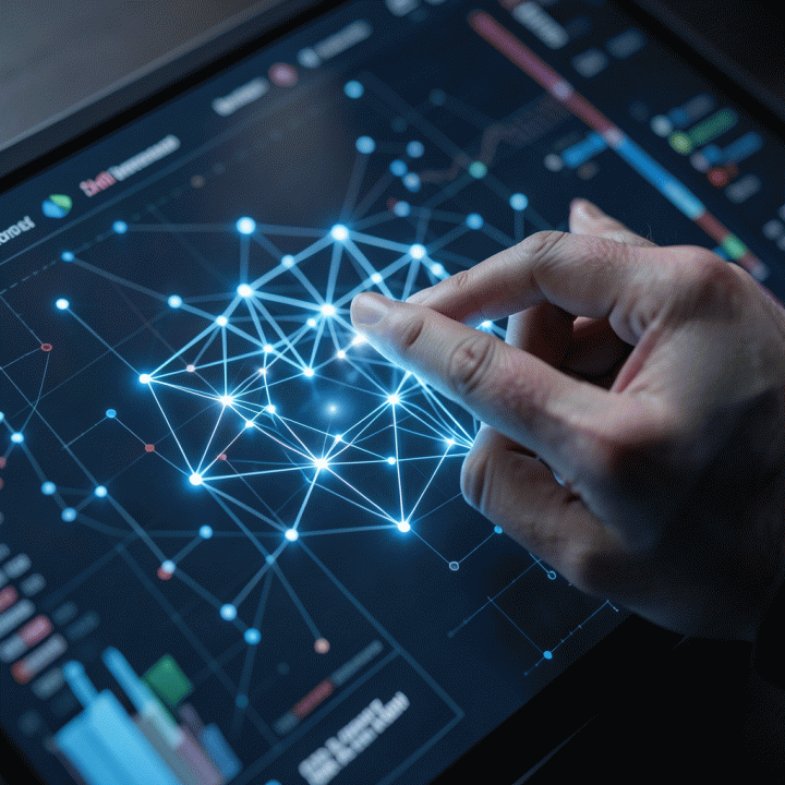 Visualisasi data abstrak yang menunjukkan identifikasi celah atau peluang pasar yang belum terjamah di tengah data kompetitor yang padat.