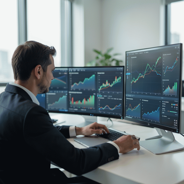 Seorang profesional pemasaran yang tampak fokus dan berhasil memperoleh wawasan mendalam dari analisis data yang kompleks pada berbagai layar monitor di lingkungan kantor modern.