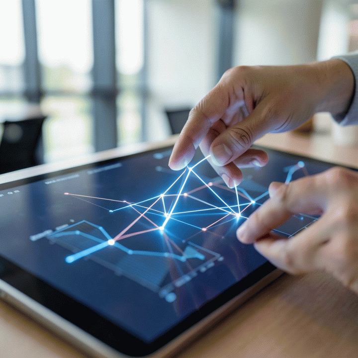 Tangan profesional yang sedang berinteraksi dengan antarmuka digital modern, menghubungkan titik-titik data abstrak untuk mengungkap sebuah strategi pemasaran yang jelas.