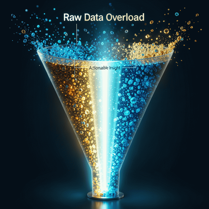 Ilustrasi konseptual yang menunjukkan proses penyaringan data yang sangat banyak dan berlebihan (overload) menjadi wawasan (insight) yang jelas dan terarah.