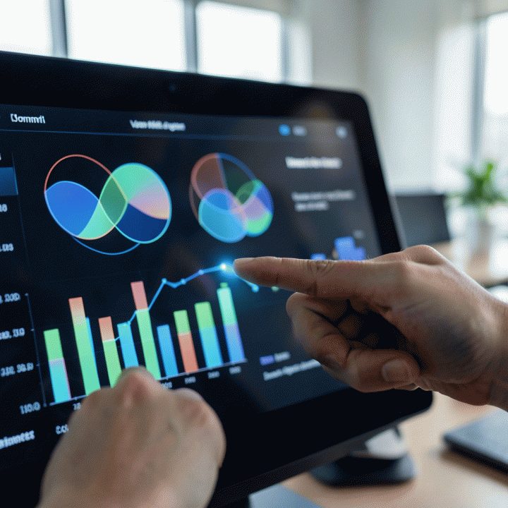 Tangan yang menunjuk pada area celah peluang di visualisasi data kompetitor pada dashboard digital.