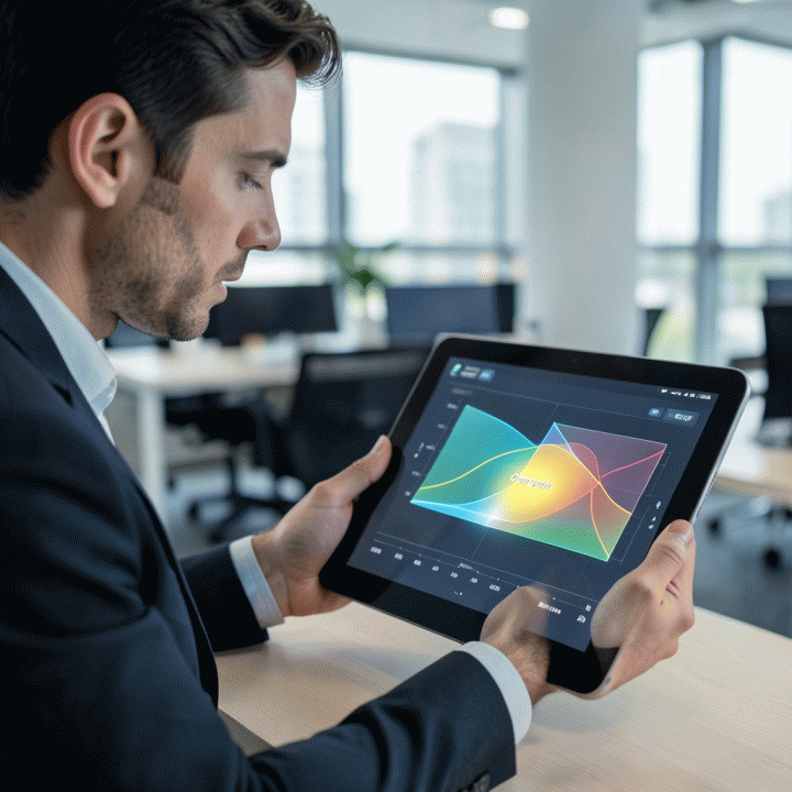 Seorang manajer pemasaran menganalisis data kompetitor pada tablet, menemukan celah pasar yang potensial.
