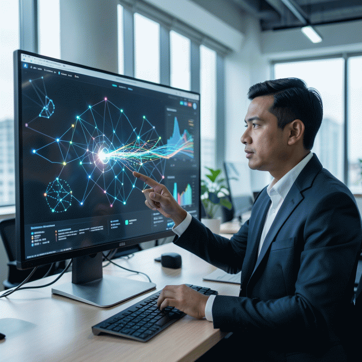 Seorang manajer pemasaran profesional sedang menganalisis visualisasi data digital yang kompleks di layar monitor besar, menemukan celah strategis pasar.